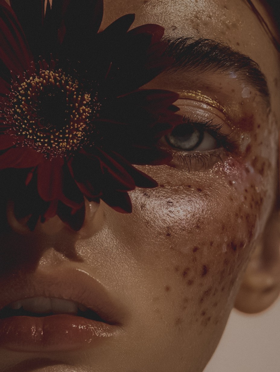 Close-up of a woman's eye beside a deep burgundy flower — La Vella Sol botanical head spa, Karratha